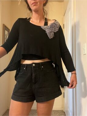 Black Women's Asymmetric Long-Sleeve Top with Floral Applique